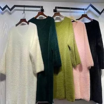 Осень и зима, новое свободное мохеровое трикотажное платье с v-образным вырезом и длинным абзацем в стиле ретро One Size белый