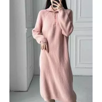Осень и зима новое свободное платье-пуловер женская мода с высоким воротом однотонный тонкий свитер средней и длинной юбкой до колена One size