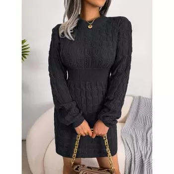 Осень и зима Новое свободное платье-свитер с круглым вырезом из жареного теста и сумками на талии S чёрный