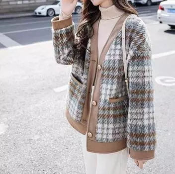 Осень и зима новое свободное повседневное пальто в клетку в стиле ретро с V-образным вырезом шерстяное пальто S