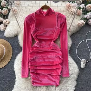 Осень и зима, новое, темпераментное, улучшенное в стиле ретро, Cheongsam, с длинными рукавами, плиссированное, ажурное, бархатное, на бедрах, платье