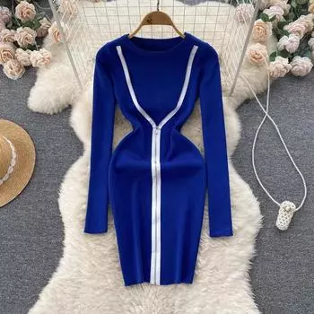 Осень и зима новое трикотажное нишевое платье с длинными рукавами и молнией контрастного цвета, облегающее короткое сексуальное платье на бедрах