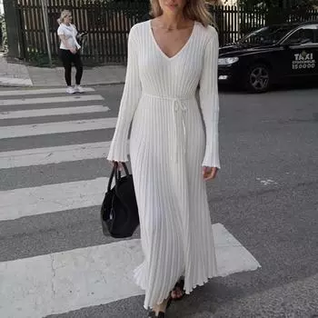 Осень и зима новое трикотажное платье повседневное приталенное с V-образным вырезом в полоску тонкое трикотажное длинное женское платье L чёрный