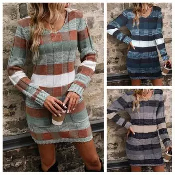 Осень и зима Новое трикотажное платье-свитер с V-образным вырезом и цветными двойными карманами S