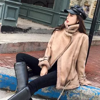 Осень и зима, новое утолщенное замшевое флисовое меховое полупальто для женщин, куртка-локомотив из овечьей шерсти с хлопковой подкладкой S Recommendations 80-95 чёрный