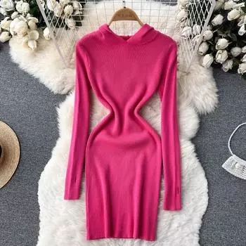 Осень и зима новое высококачественное женское платье с маленькой талией и длинными рукавами и тонким трикотажным капюшоном