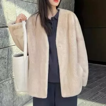 Осень и зима Новое женское модное пальто из искусственного меха с V-образным вырезом S чёрный