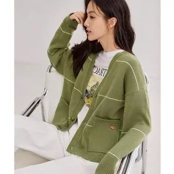 Осень и зима Новое женское пальто ленивый стиль корейская версия вязаный кардиган длинный рукав полосатый свободная блузка на пуговицах женская одежда One size