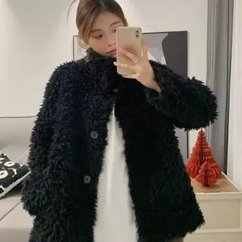 Осень и зима Новое женское пальто из натурального меха с воротником-стойкой S чёрный