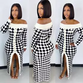 Осень и зима Новое женское платье-свитер с одним вырезом контрастного цвета S белый