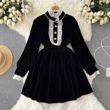 Осень и зима, новое золотое бархатное модное платье для пожилых людей, чувство темперамента, дизайн талии, чувство французского платья S чёрный