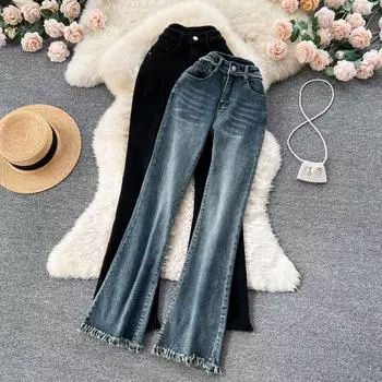 Осень и зима Новые эластичные тонкие повседневные джинсы с высокой талией в стиле ретро и тонкими расклешенными джинсами