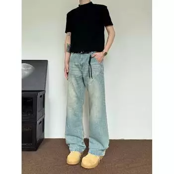 Осень и зима Новые американские джинсы High Street Washed Light Color для мужчин и женщин Прямые слегка расклешенные свободные широкие брюки S синий