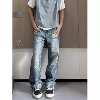 Осень и зима Новые американские джинсы High Street Washed Light Color для мужчин и женщин Прямые слегка расклешенные свободные широкие брюки S синий