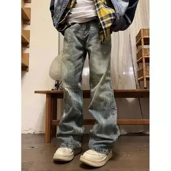 Осень и зима Новые американские джинсы High Street Washed Light Color для мужчин и женщин Прямые слегка расклешенные свободные широкие брюки S синий