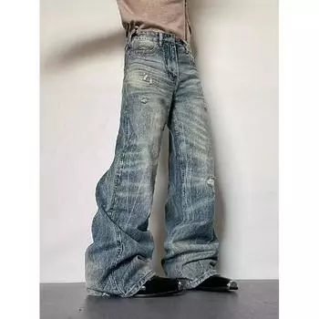 Осень и зима Новые американские джинсы High Street Washed Light Color для мужчин и женщин Прямые слегка расклешенные свободные широкие брюки S синий