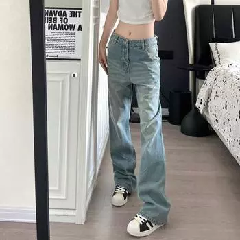 Осень и зима Новые американские джинсы High Street Washed Light Color для мужчин и женщин Прямые слегка расклешенные свободные широкие брюки S синий