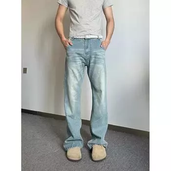 Осень и зима Новые американские джинсы High Street Washed Light Color для мужчин и женщин Прямые слегка расклешенные свободные широкие брюки S синий