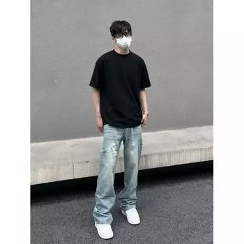 Осень и зима Новые американские джинсы High Street Washed Light Color для мужчин и женщин Прямые слегка расклешенные свободные широкие брюки S синий