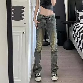 Осень и зима Новые американские джинсы High Street Washed Light Color для мужчин и женщин Прямые слегка расклешенные свободные широкие брюки S жёлтый