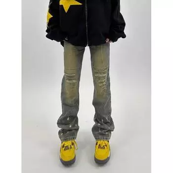 Осень и зима Новые американские джинсы High Street Washed Light Color для мужчин и женщин Прямые слегка расклешенные свободные широкие брюки S жёлтый