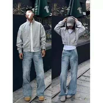 Осень и зима Новые американские джинсы High Street Washed Light Color для мужчин и женщин Прямые слегка расклешенные свободные широкие брюки S синий