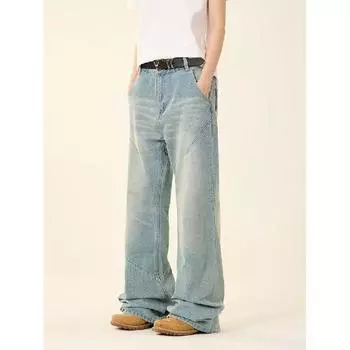Осень и зима Новые американские джинсы High Street Washed Light Color для мужчин и женщин Прямые слегка расклешенные свободные широкие брюки S синий