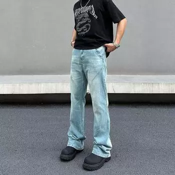 Осень и зима Новые американские джинсы High Street Washed Light Color для мужчин и женщин Прямые слегка расклешенные свободные широкие брюки S синий