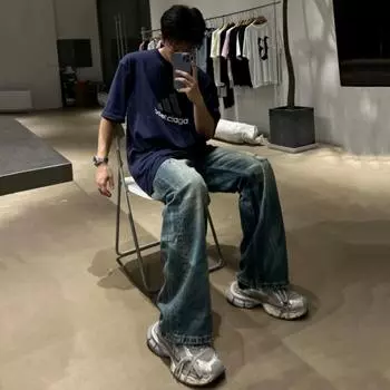 Осень и зима Новые американские джинсы High Street Washed Light Color для мужчин и женщин Прямые слегка расклешенные свободные широкие брюки S синий