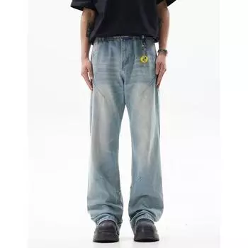 Осень и зима Новые американские джинсы High Street Washed Light Color для мужчин и женщин Прямые слегка расклешенные свободные широкие брюки S синий