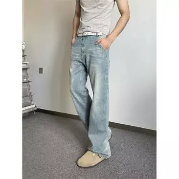 Осень и зима Новые американские джинсы High Street Washed Light Color для мужчин и женщин Прямые слегка расклешенные свободные широкие брюки S синий