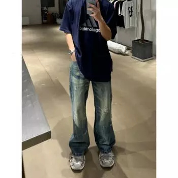 Осень и зима Новые американские джинсы High Street Washed Light Color для мужчин и женщин Прямые слегка расклешенные свободные широкие брюки S синий