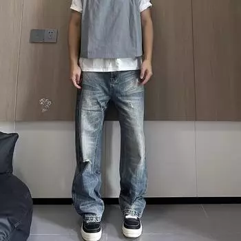 Осень и зима Новые американские джинсы High Street Washed Light Color для мужчин и женщин Прямые слегка расклешенные свободные широкие брюки S синий