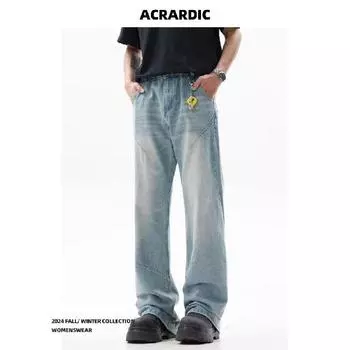 Осень и зима Новые американские джинсы High Street Washed Light Color для мужчин и женщин Прямые слегка расклешенные свободные широкие брюки S синий