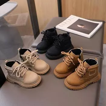 Осень и зима Новые ботинки Martin для девочек Classmate Детские ботинки Черные детские кожаные ботинки Британский стиль Детские одинарные ботинки 21 чёрный