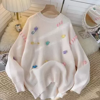 Осень и зима, новые булавки с ленивым медведем, декоративный дизайн, булавка, корейский свободный пуловер, японская вязаная рубашка, женская рубашка One Size чёрный