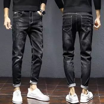 Осень и зима Новые длинные брюки мужские джинсы мужские на флисовой подкладке утолщенные корейский стиль свободные повседневные облегающие обтягивающие эластичные 28 чёрный