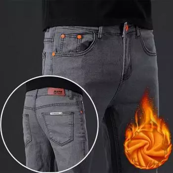 Осень и зима Новые длинные брюки мужские джинсы мужские на флисовой подкладке утолщенные корейский стиль свободные повседневные облегающие обтягивающие эластичные 27 серый