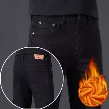 Осень и зима Новые длинные брюки мужские джинсы мужские на флисовой подкладке утолщенные корейский стиль свободные повседневные облегающие обтягивающие эластичные 27 чёрный