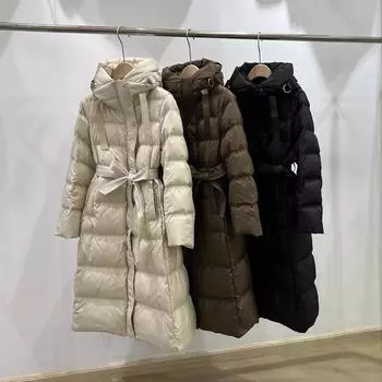 Осень и зима новые длинные пуховики для женщин выше колена с капюшоном на талии тонкая теплая куртка S [Recommended 80--60kg] бежевый