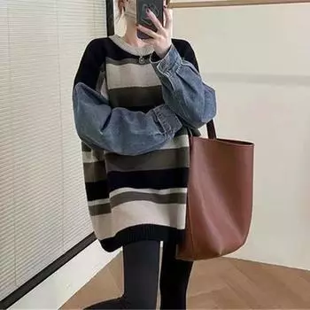 Осень и зима новые джинсовые рукава сращивание ленивый ветер свитер женский круглый вырез свитер длинные рукава свободная верхняя одежда трикотажный топ прилив One size чёрный