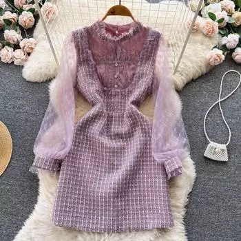 Осень и зима, новые грубые цветочные модели, вышивка, сверло для ногтей, маленькое ароматное ветровое платье, сто длинных абзацев S фиолетовый