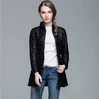 Осень и зима новые легкие и тонкие пуховики для женщин средние и длинные большие размеры воротник-стойка тонкие и большие размеры куртки оптом тренд S хаки