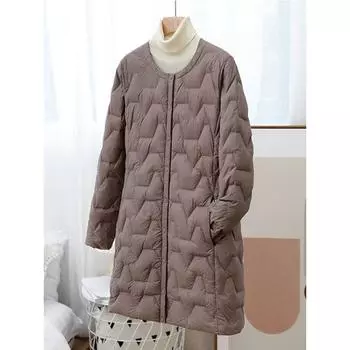 Осень и зима Новые легкие пуховики женские средние и длинные с круглым вырезом длинная корейская версия без воротника внутренняя куртка M