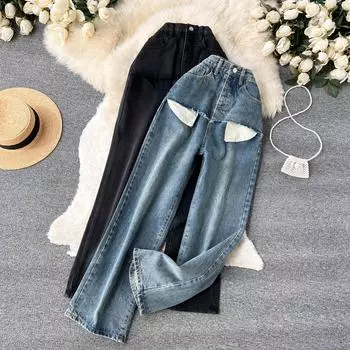 Осень и зима Новые ложные двойные детали с отверстиями для сращивания Свободные брюки в стиле ретро с широкими штанинами из денима