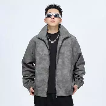 Осень и зима Новые модные брендовые мужские и женские куртки в американском стиле ретро с воротником-стойкой Кожаная куртка PU Locomotive Jacket M серый