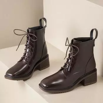 Осень и зима Новые модные однотонные женские сапоги на французском высоком каблуке Короткие сапоги на шнуровке Niche Универсальный квадратный носок 35