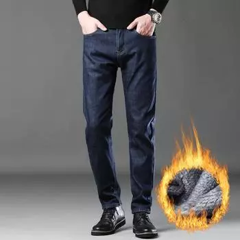 Осень и зима Новые мужские плюшевые толстые теплые высококачественные джинсы повседневные брюки свободные прямые брюки 28 синий
