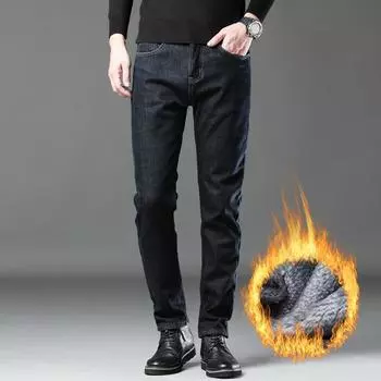 Осень и зима Новые мужские плюшевые толстые теплые высококачественные джинсы повседневные брюки свободные прямые брюки 28 синий
