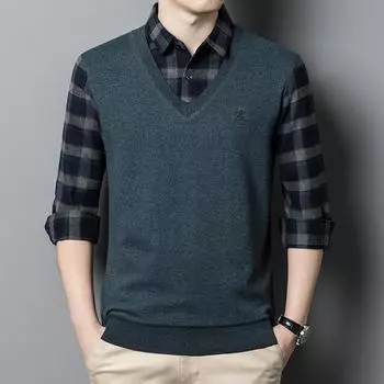 Осень и зима новые мужские поддельные двухсекционные рубашки с воротником в клетку, свободная модная повседневная футболка, свитер M